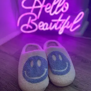 Blue Smiley Face Happy Feet Cozy Slippers Walking Shoes Slide