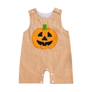 Baby Boy Halloween Gingham Tank Jumpsuit Cute Pumpkin Embroidery Plaid Sleeveless Buttons Romper Overalls Shortall