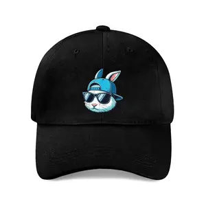 A stylish rabbit wearing a backward snapback cap and sunglasses — classic baseball cap