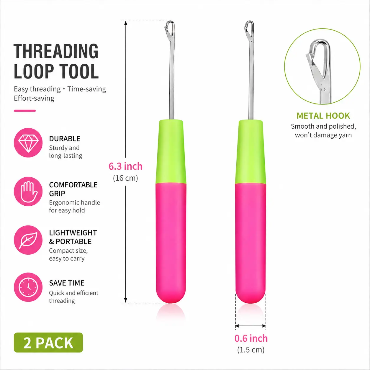2pc Latch Hook Crochet Needles with Comfortable Grip, Metal Hook, Easy Threading, Lightweight & Portable for Micro Braids Hair Styling, DIY Handmade Work