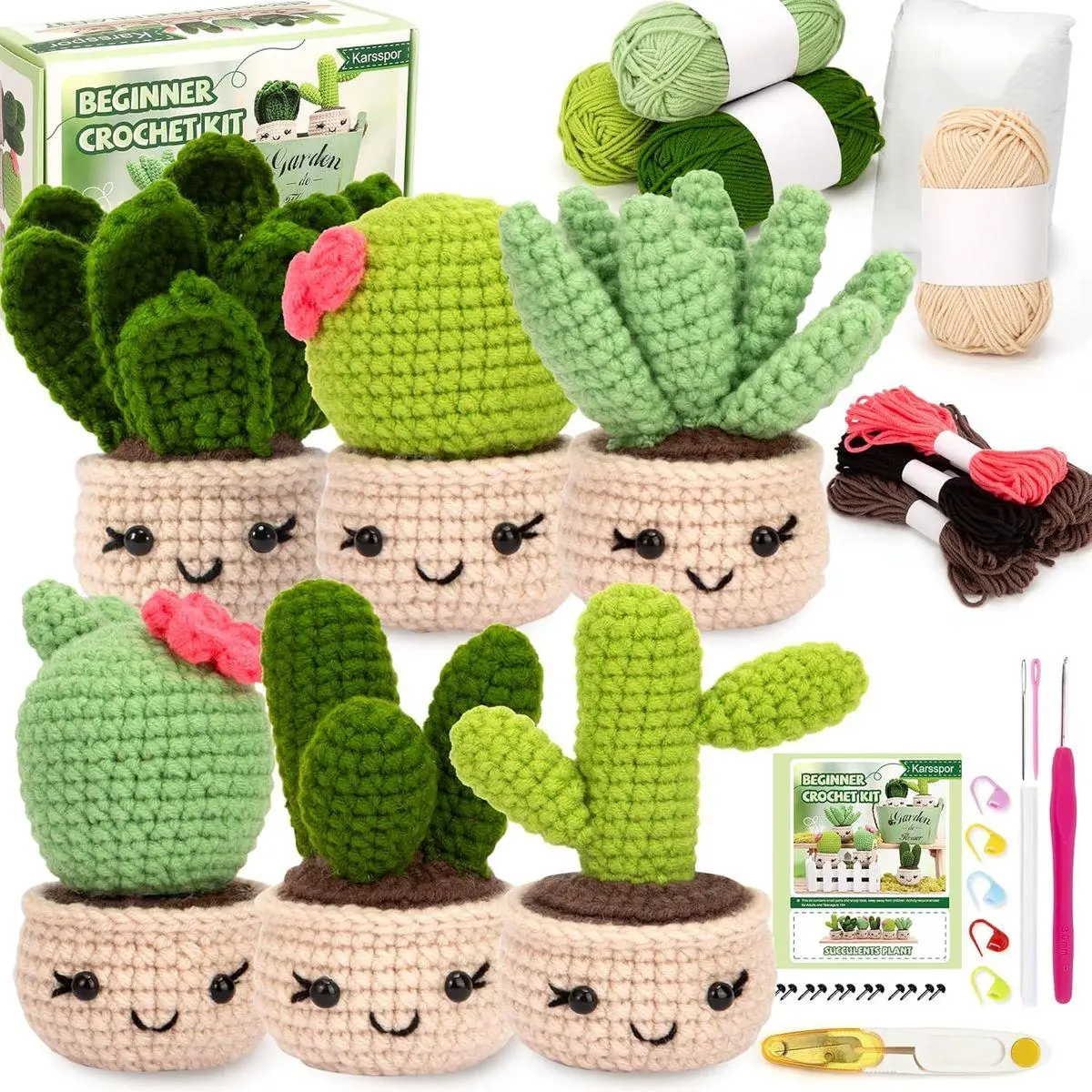 Karspor Crochet Beginner Kit, Beginner Crochet Starter Kit for Adult, Crochets Set- 6 PCS Crocheting Succulents, Step-by-Step Instructions & Video Tutorials, Learn to Knitting Kits for Adults Beginner