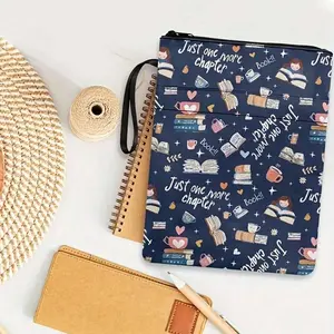 Canvas Book Cover with Pocket and Zipper, Washable Protector for Paperback and Hardcover Books, Cute Teen Monogram Design, Stationery Organizer, Book Accessories
