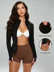 Women's Sporty Athleisure Style Tight-Fitting Jacket, Full Zip Stand Collar Thumb Loop Gym Outerwear, Soft Skin-Friendly Fabric Yoga Running Top, Sports Jacket, Women Workout Clothes, Athletic Jackets, Athletic Outerwear