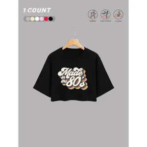 180g[100%cotton]Women's 80s 90s Letter Print Round Neck Crop Tee, Casual Short Sleeve Crew Neck T-shirt for Daily Wear, Ladies Summer, Casual Chic Top, Casual Fashion Comfy