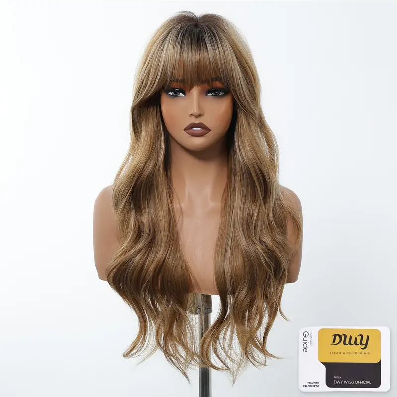 Loni-DWY Female Synthetic Full Machine-Made Wig - 24in Gradient Light Ash Blonde Natural-Toned Grads, Air Bangs, Glueless, Heat Resistant (230℉), 0.35kg, Synthetic Material Wigs for Daily Wear Fashion