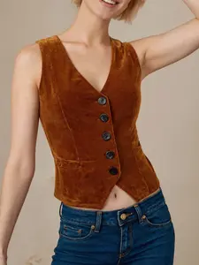 French Vintage Sexy V-Neck High-Quality Velvet Women's Cropped Vest, Slim-Fitting Elegance, Spring & Fall Fashion, Contrast Lace Design
