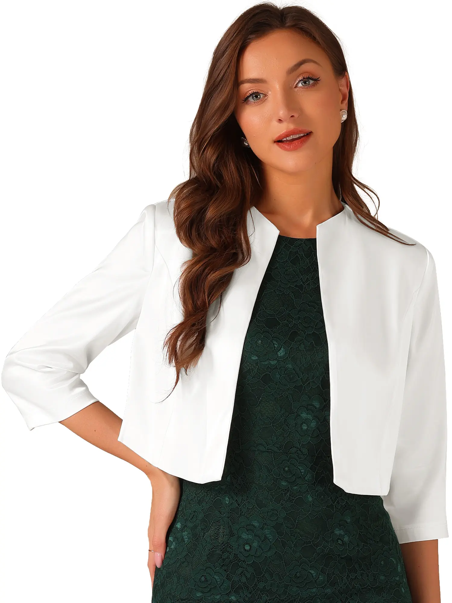 INSPIRE CHIC Satin Cardigan Women's Open Front Elegant Formal 3/4 Sleeve Bolero Shrug Jacket