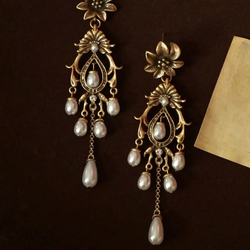 Vintage Palace Style Pearl Embellished Fringe Long Dangly Earrings, Elegant Ancient Style Women's Party Vacation Unique Earrings, Pair Earrings Jewelry, Earrings Dangling