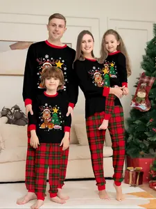 Christmas Family Matching Set, Two-Piece Cartoon Print Top & Plaid Pants, Stripes, Casual Fitted Style