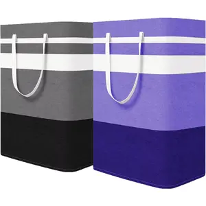 80L Foldable Laundry Basket with Handles, Waterproof Collapsible Hamper for Clothes Storage, Black & Purple