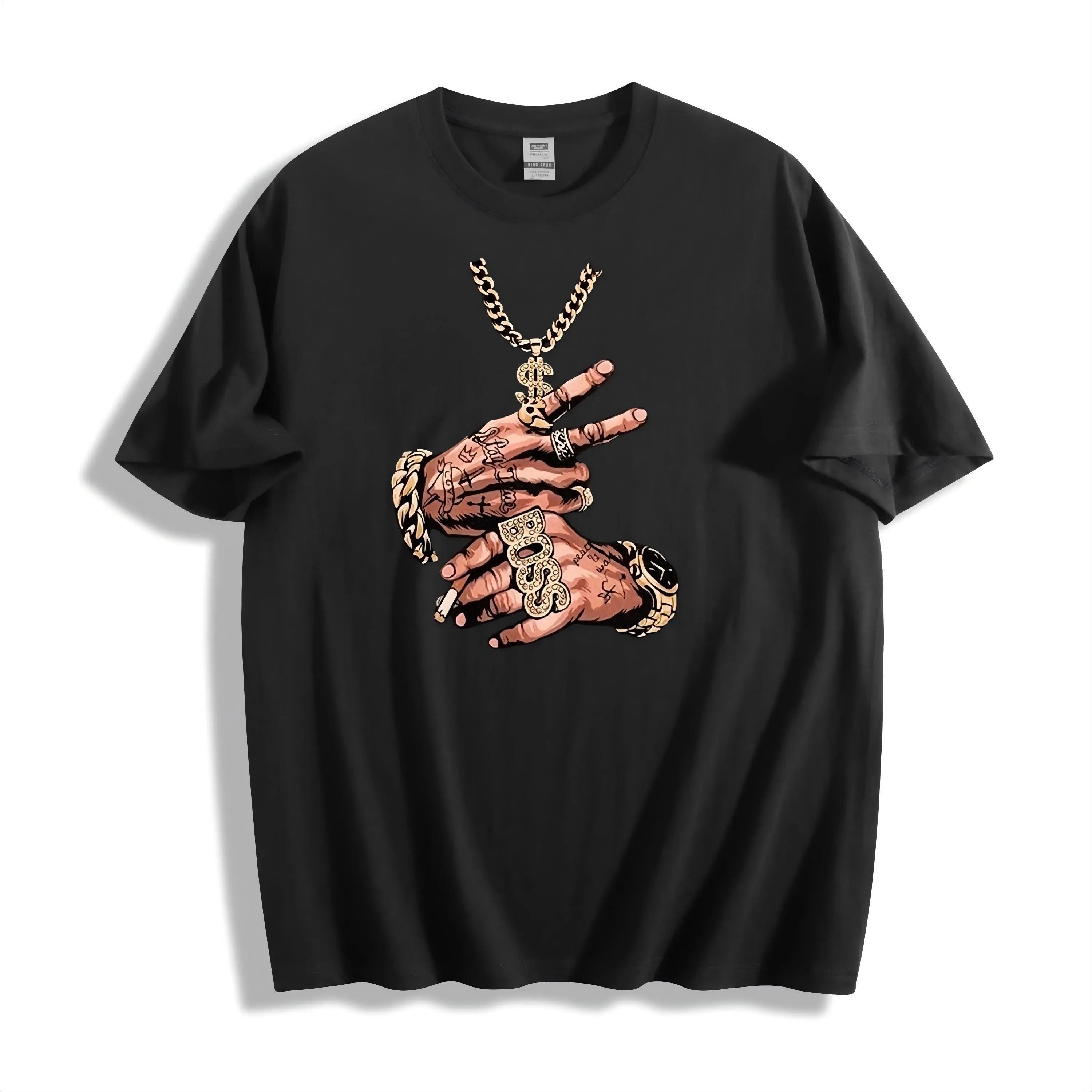 Men Retro 90s Rap Money Sign Gold Jewelry Hands Graphic Oversized Streetwear Cotton Tshirt