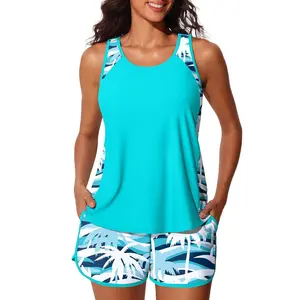 Women’s Athletic Tankini Swimwear, Blouson Tummy Control Two Piece Swimsuit with Swim Shorts and Pockets, Stylish Beachwear for Travel