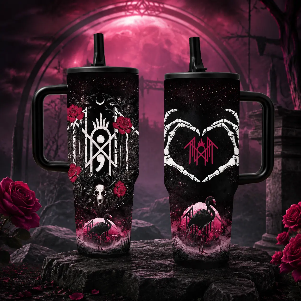 1 Pc 40oz Insulated Mug Double Wall Vacuum, Stainless Steel Cup Flasks With Handle And Lid, Leak Proof Thermal Mug For Hot Cold Drinks, Keeps Hot 12 Hours Cold 24 Hours, Gothic Skeleton Hands Heart Design Tumbler, Spring Sa