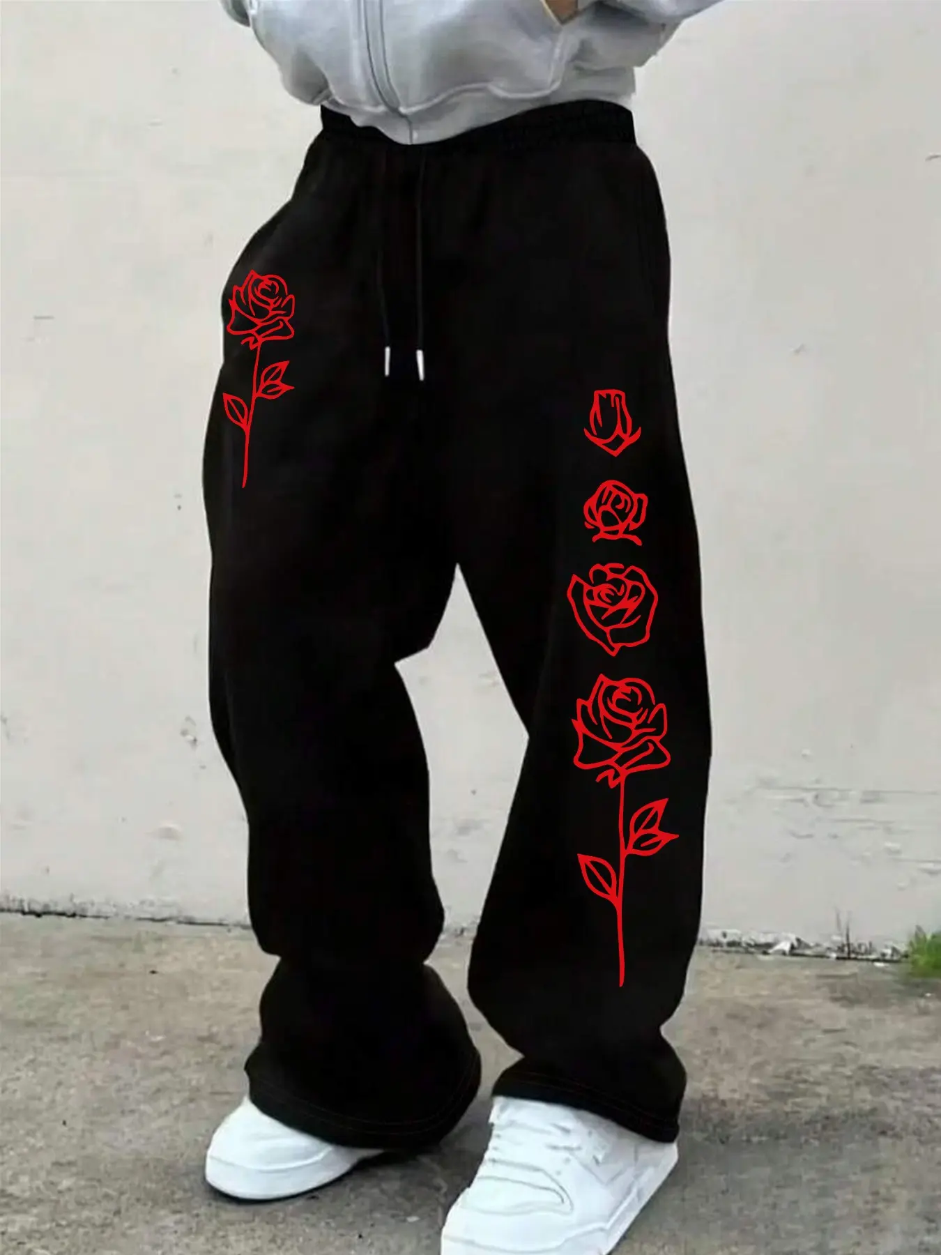 Men's Casual Sporty Straight Leg Pants, Rose Summer Print, Drawstring Waist Pockets, Thin Spring Summer Sweatpants, Graphic Print Sweatpants, Lightweight Pants, Casual Sporty Trousers, Athleisure Style, Casual Sportswear Pants, Athleisure Style Bottoms