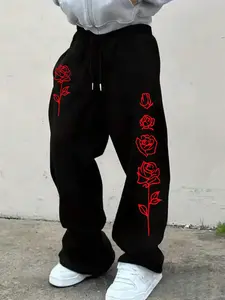 Men's Casual Sporty Straight Leg Pants, Rose Summer Print, Drawstring Waist Pockets, Thin Spring Summer Sweatpants, Lightweight Pants, Casual Sporty Trousers, Athleisure Style, Casual Sportswear Pants