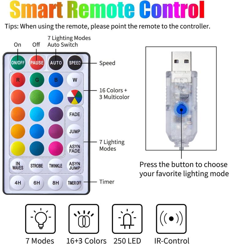 Brightown 16 brilliant colors and 3 colored lights - 250 LEDs 9.8 X 8.8 feet fairy light string, 7 modes flashing lights with remote control, background wall hanging drip lights for bedroom backyard Halloween Christmas decoration Lighting