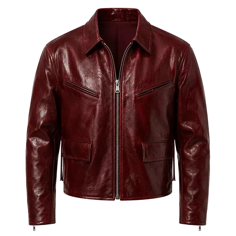 Men’s Burgundy Leather Zip Jacket with Shirt Collar | Glossy Casual Moto Jacket