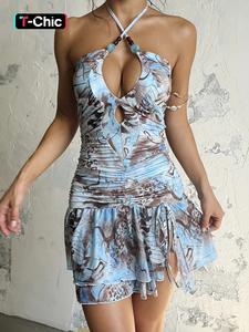 women's all over print beads decor halter neck dress, fashion casual ruched sleeveless short dress for holiday vacation party, ladies summer clothes, casual wear