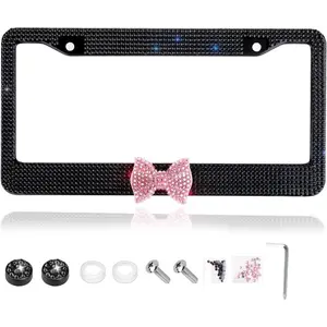 Fashion Black Frame Pink Bowknot Design Crystal License Plate Frames,Exclusive Bling License Plate Holder,Waterproof Rhinestone License Plate Cover(1 Frame)