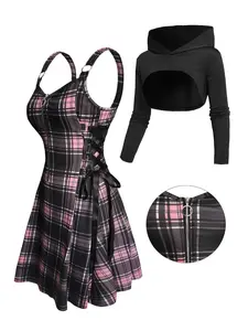 Gothic Print Plaid V-Neck Dress Set, Long Sleeve Hooded Top, Punk Style Women's Fashion, Streetwear for Autumn Winter, Casual Two-Piece Set