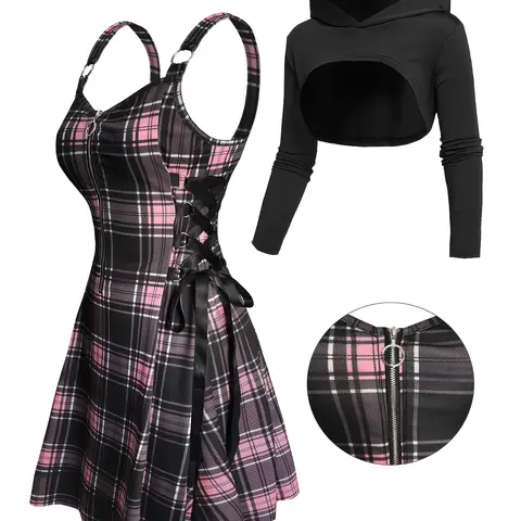Gothic Print Plaid V-Neck Dress Set, V Neckline Design, Long Sleeve Hooded Top, Punk Style Women's Fashion, Streetwear for Autumn Winter, Casual Two-Piece Set