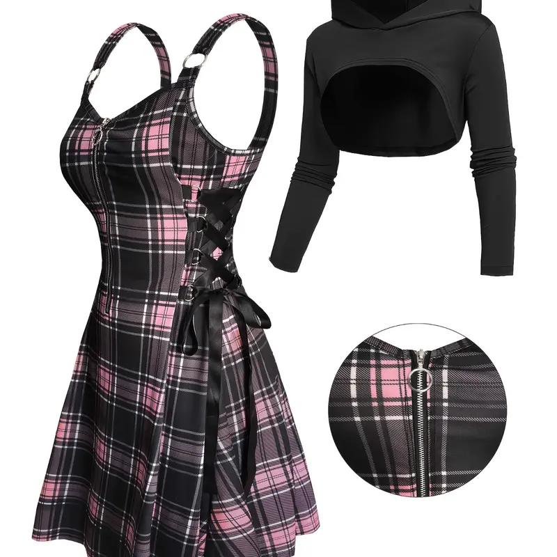 Gothic Print Plaid V-Neck Dress Set, V Neckline Design, Long Sleeve Hooded Top, Punk Style Women's Fashion, Streetwear for Autumn Winter, Casual Two-Piece Set