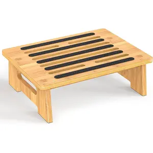 One Step Stool for Adults Seniors and Kids with Non-Slip Surface, Natural Bamboo Stepping Stools for High Bed, Bathroom and Kitchen, Hold Up to 450 LBS, Lightweight, Waterproof, Easy to Install