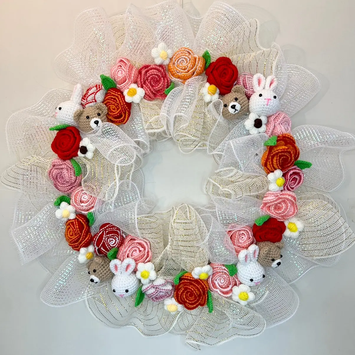 Crochet wreath/ Amigurumi/ flowers/ ribbon wreath/ for front door or home decor Decorative Hanging Hangable Decoration Ornaments