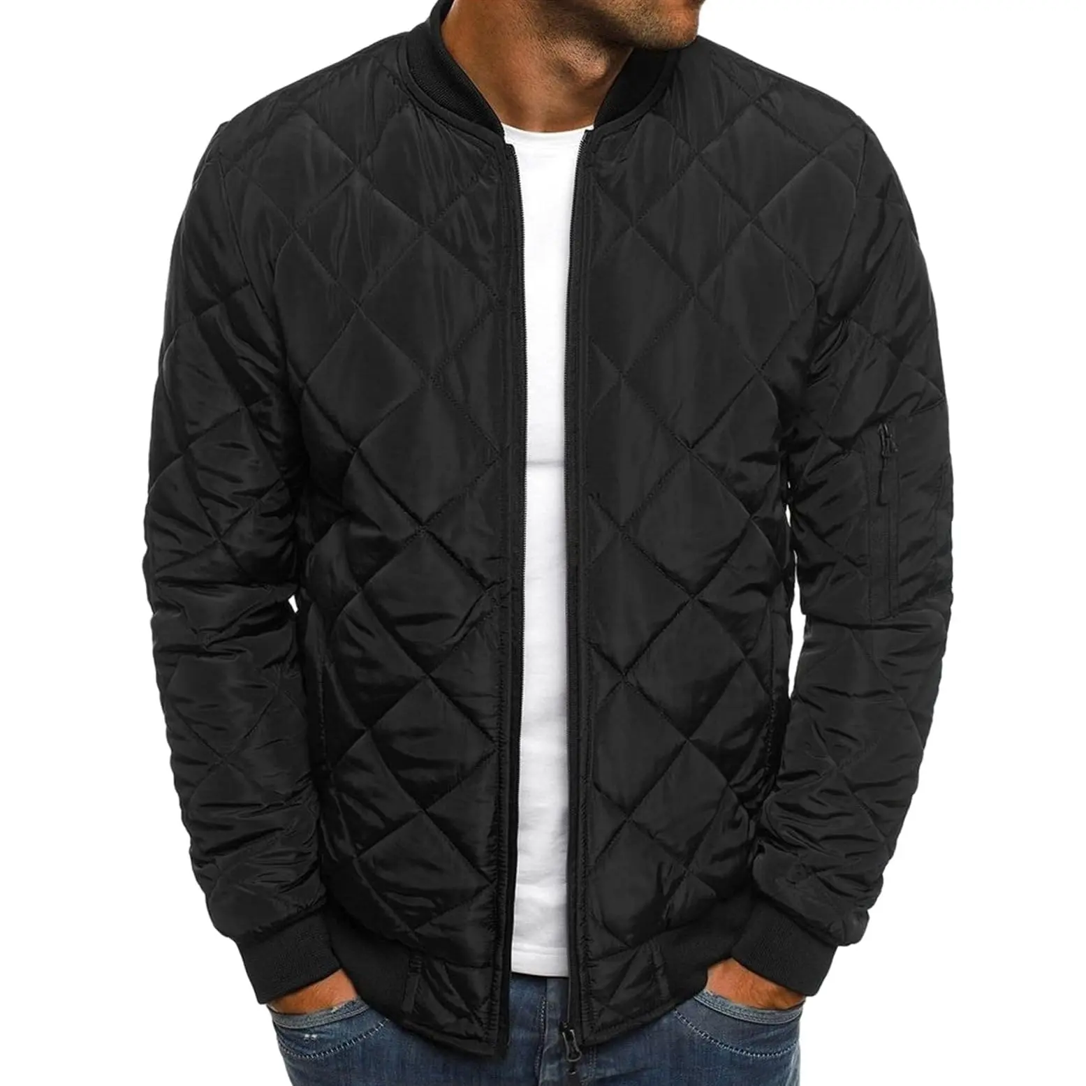 Men's Classic Padded Diamond-Quilted Puffer Bomber Jacket - Stylish Varsity Menswear Top, Casual Sporty Streetwear Outfits, Coats Outerwear, Long Sleeve, Diamond Stitch, Sporty Chic, Solid, Cold Weather, Padded Fabric