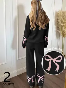 Women's 2-piece Bow Print Tracksuit, Long-sleeve Hoodie & Loose Wide-leg Pants, Trendy Girly Style for Casual & Street Outfits, Streetwear Tracksuit Set