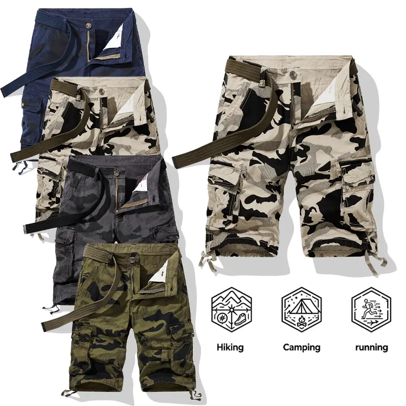 Men's Camo Cargo Shorts 100% Cotton Fabric Matching Belt Multi Flap Utility Pockets Mid Length Outdoor Hiking Camping Casual Shorts s