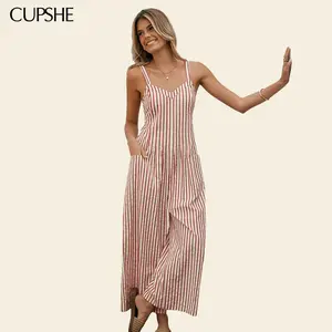 CUPSHE TikTokShopSpringGlowUp 2026 Striped V-Neck Wide Leg Jumpsuit | Effortless Coastal Grandma Style Summer Overalls | Flowy Boho Beach Cover Up & Daily Casual Womenswear