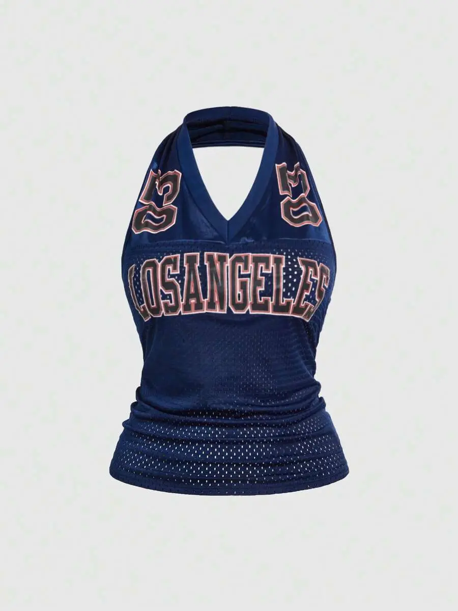 Sporty Backless Numeric Print Tank Top For Women