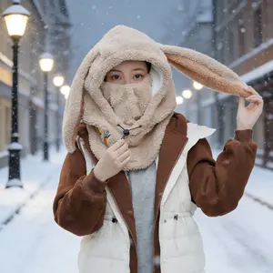 Women's rabbit ear balaclava hat, warm fleece ear protection hat, windproof and cold proof warm ear protection hat, fashionable and cute cartoon hat, adjustable ear protection hat, suitable for daily outdoor wear in cold weather