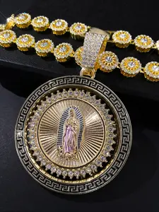 Hip-Hop Trend Rotatable Virgin Mary Pendant Necklace, Glittering Chrysanthemum Chain, Retro Round Religious Accessory for Men Women, High End Necklace