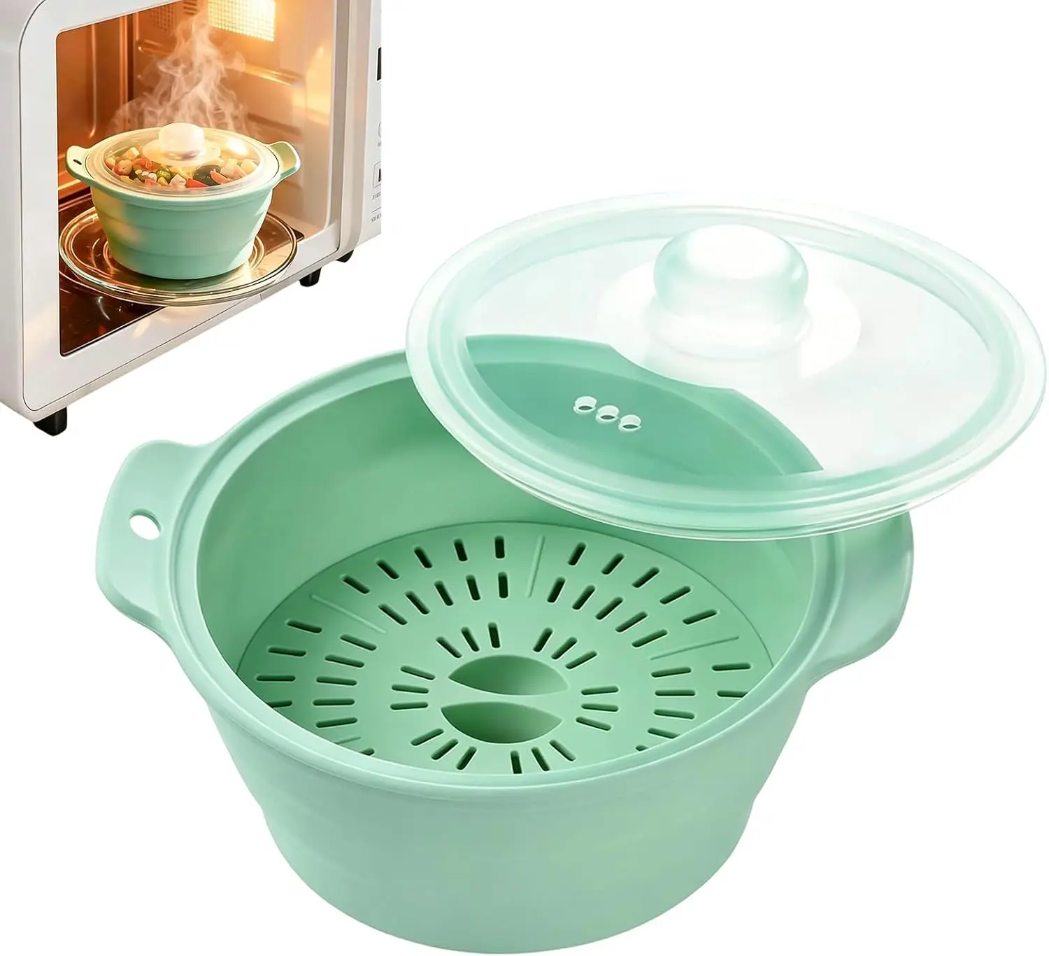 Microwave Vegetable Steamer, 42oz Large Collapsible Silicone Steamers With Lid & Removable Rack, Food-grade Veggie Steamer Basket for Cooking Fresh & Frozen Vegetables Dumplings Buns Prep Meal, Dishwasher Safe