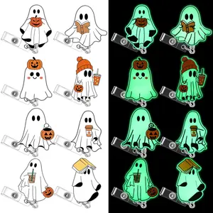 4/6/8 Pcs Glow-in-the-Dark Badge Reels Set - Spooky Ghost Pumpkin Skull Retractable ID Holder Clips, Cute Funny Badge Reels for Nurses, Medical Staff, Halloween Office Accessories Nurse Gifts, Cute Badge Reels