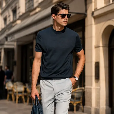 Men's 100% Merino Wool Mock Neck Knit Tshirt Sweater - Plain, Solid Colors, Soft, Breathable, Refined Knit, Cold Wash Safe Classic Casual Menswear Layer for Daily Commute