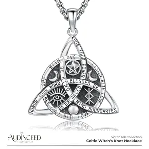 Audinceed Witch's Knot Necklace, S925 Sterling Silver Luxury Celtic Knot Trinity Knot Witches Witch Knot Celtic Trinity Wiccan Witch Silver Necklace Pendant Blessed Amulet Jewelry Necklace Gift For Women Men Women