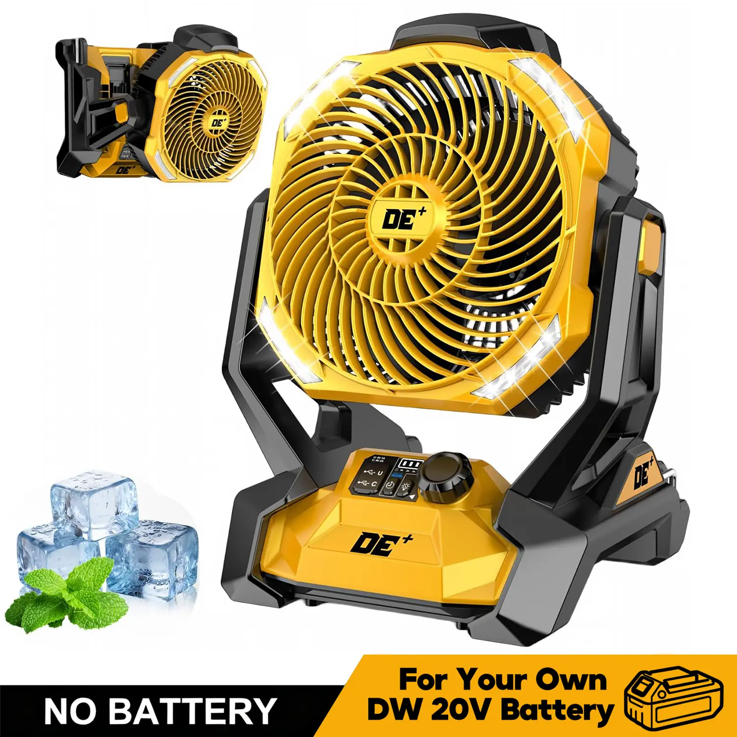 Outdoor Portable Cooling Electric Oscillating Jobsite Fan for Dewalt 20V Max Battery, Variable Speed Table Fan Built-in LED Light, Hanging Hook Mount, Rechargeable Outdoor Cooling Fan for Camping Tent Fishing RV Trips, Tool Only
