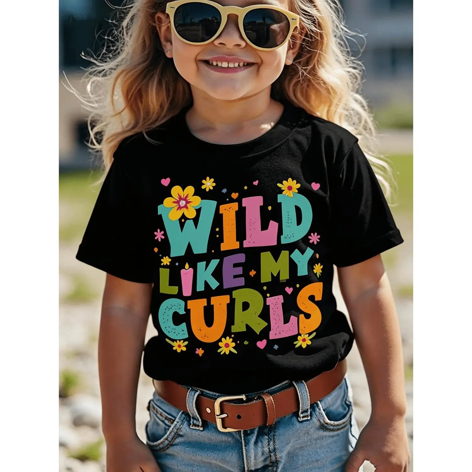 Graphic T-Shirt 'Wild Like My Curls' - A Casual Short-Sleeve Top Featuring Vibrant Curl Lettering And Floral Hair Clip Designs, Made from Soft Stretch Fabric Suitable for Both Boys And Girls. Perfect for All Seasons