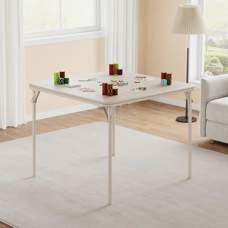 【Christmas Gift】Beige/Khaki Folding Table, 33.6 Inch Folding Card Table, Portable Square Folding Table with PU Soft Cushion, Beige Metal Foldable Table Suitable for Living Room, Office, Camping Sturdy Multifunctional