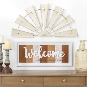 Glitzhome 32" Rustic Galvanized Metal Half Windmill Wall Sculpture Farmhouse Wall Art Home Decor Beige Vintage Finish