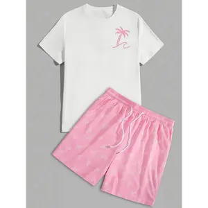 Men's White Casual Short Sleeve T-Shirt with Left Chest Pink Palm Tree Print - 220g Premium Cotton, Soft & Breathable, Loose Fit, Made in USA, Perfect Gift for Summer & Casual Attire, Breathable Clothing | Sporty Style Tee | Pure Cotton Tee