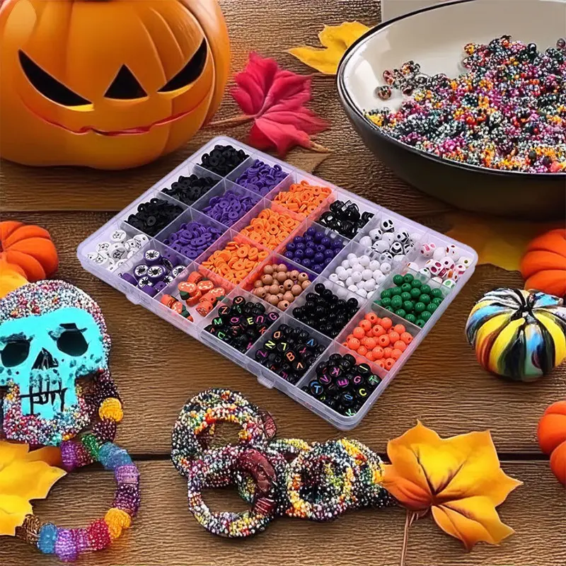 Halloween Craft Kit with Colorful Beads, Organized Storage Tray for Beads Making, Crafting & DIY Jewelry, Pumpkin Decorating