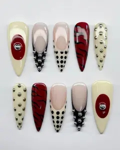 Punk Rock Press On Nails, Red Black Stiletto Nails With Dot, 3D Studded Punk Rock Nail Art, French Tip Nails, Y2K Nails, Gothic Nails