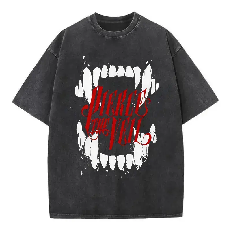 Gothic Monster Fangs Vintage Acid Wash T-Shirt, Grunge Tooth Graphic Crewneck, Heavyweight 100% Cotton Oversized Unisex Tee Y2K Dark Streetwear Casual Daily Top