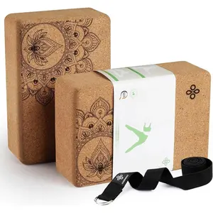 Cork Yoga Blocks 2 pack with 8ft Strap Natural Cork Bricks- High Density & Eco Friendly Yoga Accessories for Women - Ideal for Yoga Pilates General Fitness and Stretching 9x6x3''