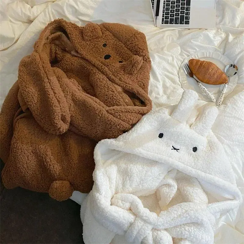 Cute Cartoon Rabbit And Teddy Bear Hooded Blanket Thick Warm Flannel Nap Blanket Soft Cozy Winter Shawl For Kids And Adults