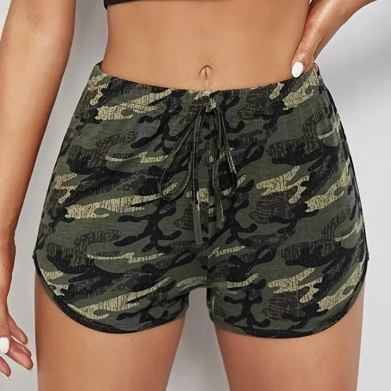 Women's Camo Print Tie Front Elastic Waist Shorts, Casual Fashion Shorts, Casual Printed Shorts for Summer, Casual Drawstring Shorts, Casual Comfy Shorts